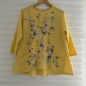 Jess & Jane Yellow Cotton Gauze Floral Graphic Tunic Top Pockets S Made in USA
